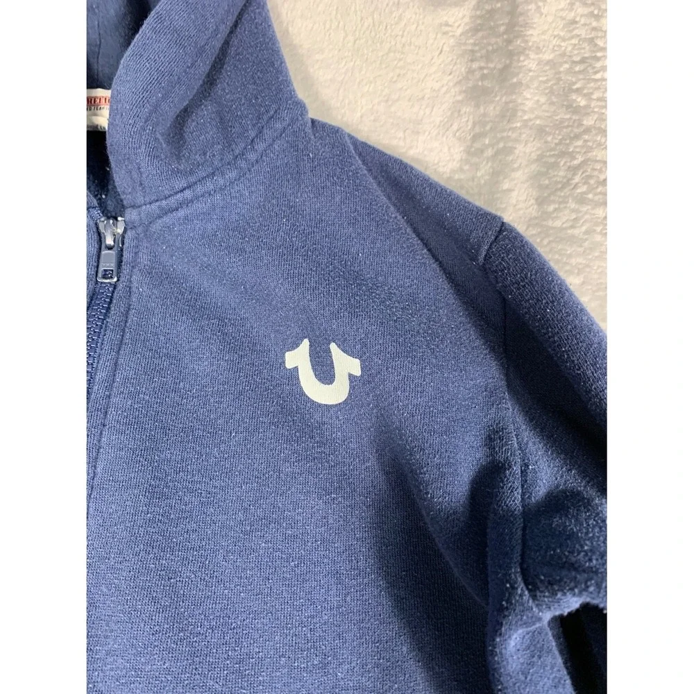 True Religion Men Size L Navy Blue Full Zip Hoodie Chenille Hood Logo
